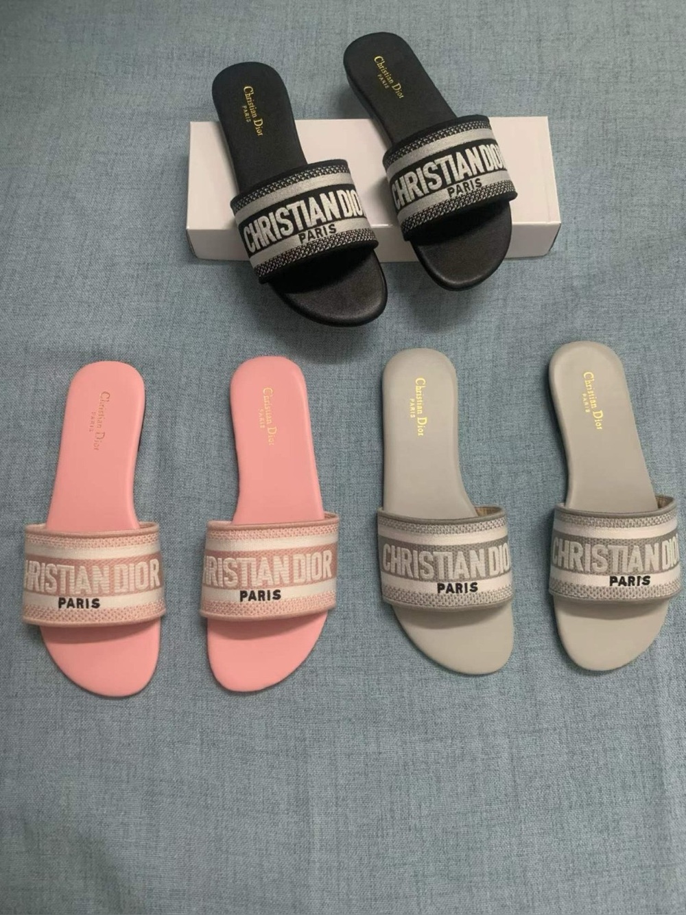 Christian Dior Women's 'Dior' Logo Slide Mules in Black, Pink, and Light Gray